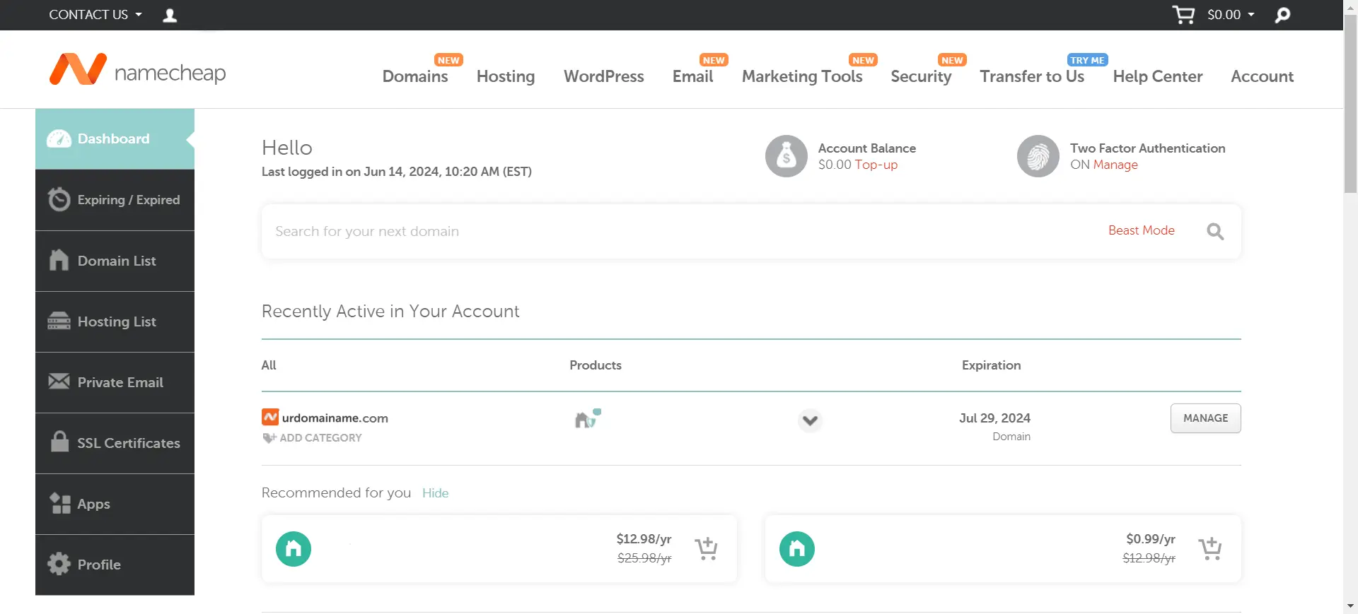 Namecheap manage